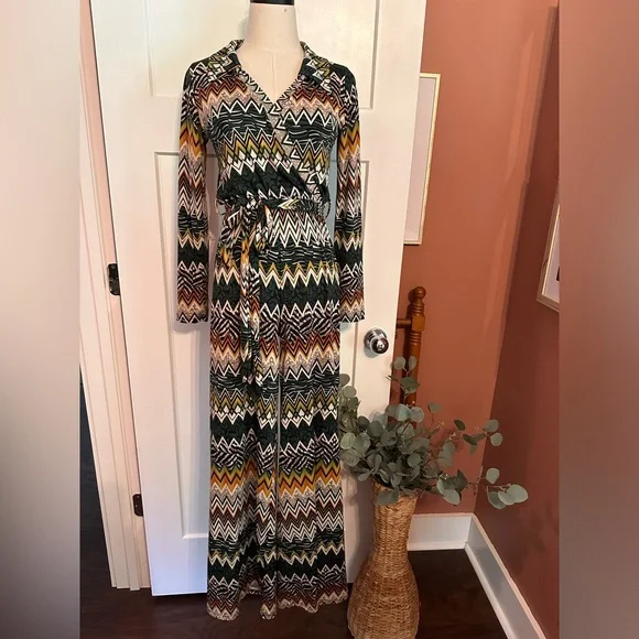 Kathi Rich Emerald zig zag pattern collar S faux wrap belt long sleeve jumpsuit - Picture 15 of 15